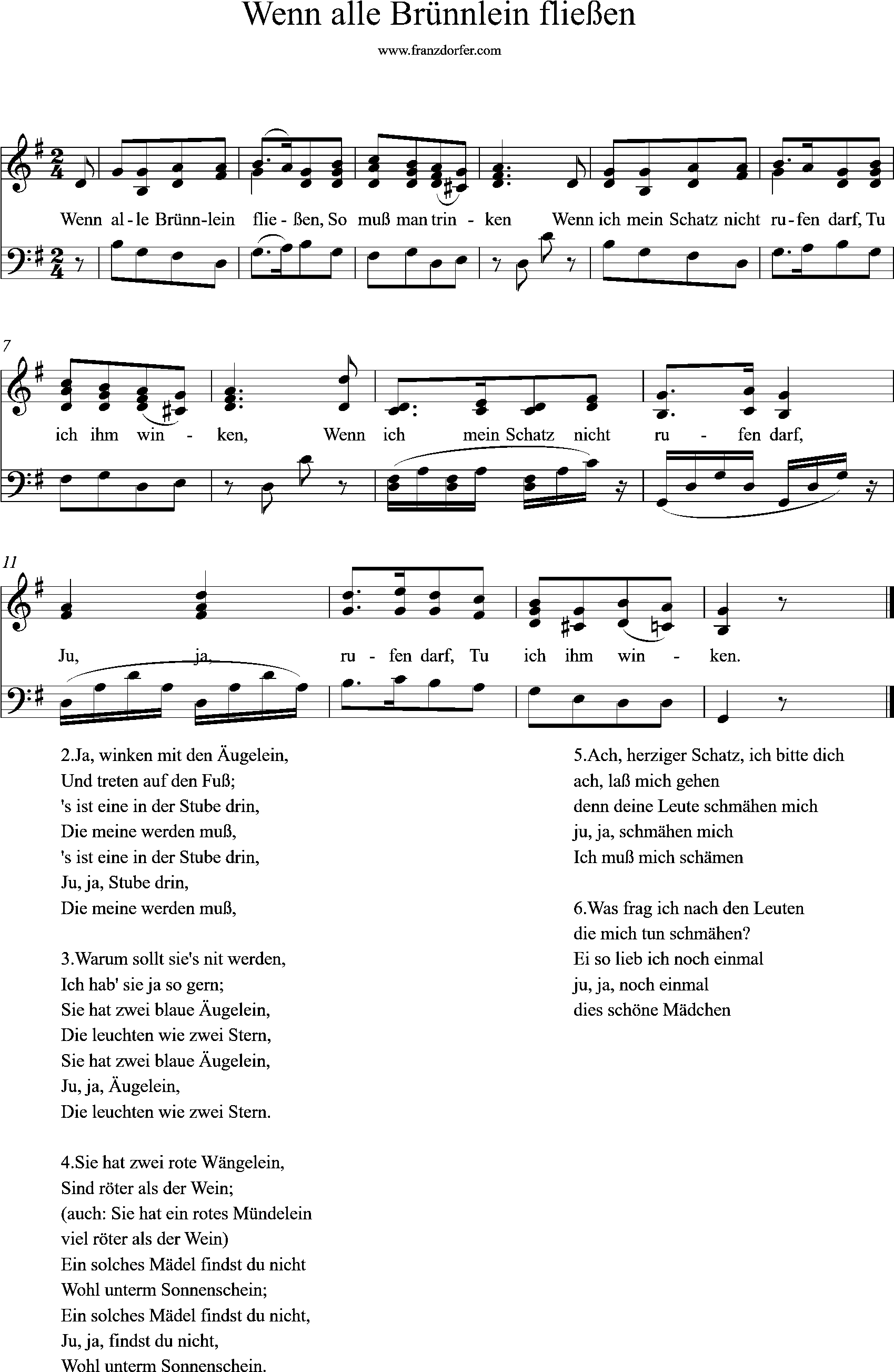 klaviernoten - Wenn alle Brünnlein Fließen - G-Dur